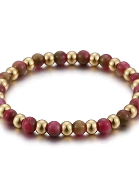 日韩时尚简约人造石榴石串珠钛钢男女通用伸缩小众金色手链