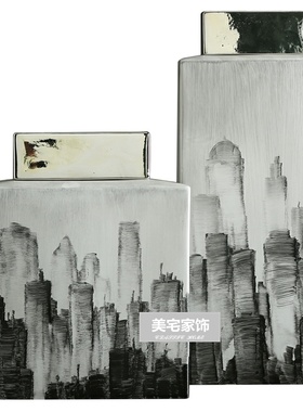 手绘水墨画方扁形陶瓷装饰罐插花花器 北欧新中式样板间软装饰品