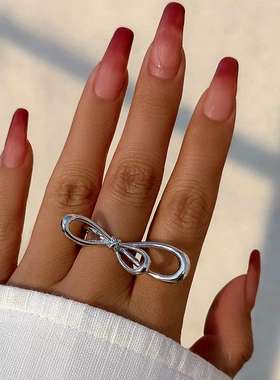 欧美夸张法式金属质感光面戒指女简约结双指指环ring