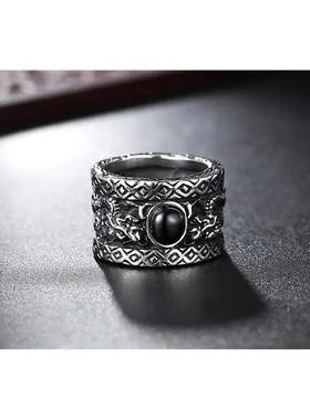 r0526-01中贵族气质宝石双龙戏珠男士钛钢超宽指环