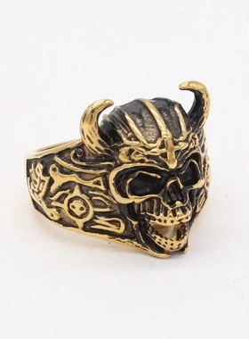r1308 饰品 欧美个性复古骷髅头牛角男士钛钢戒指