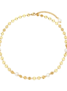 欧美ins饰品小众时尚不锈钢圆雪花片淡水珍珠手链项链女