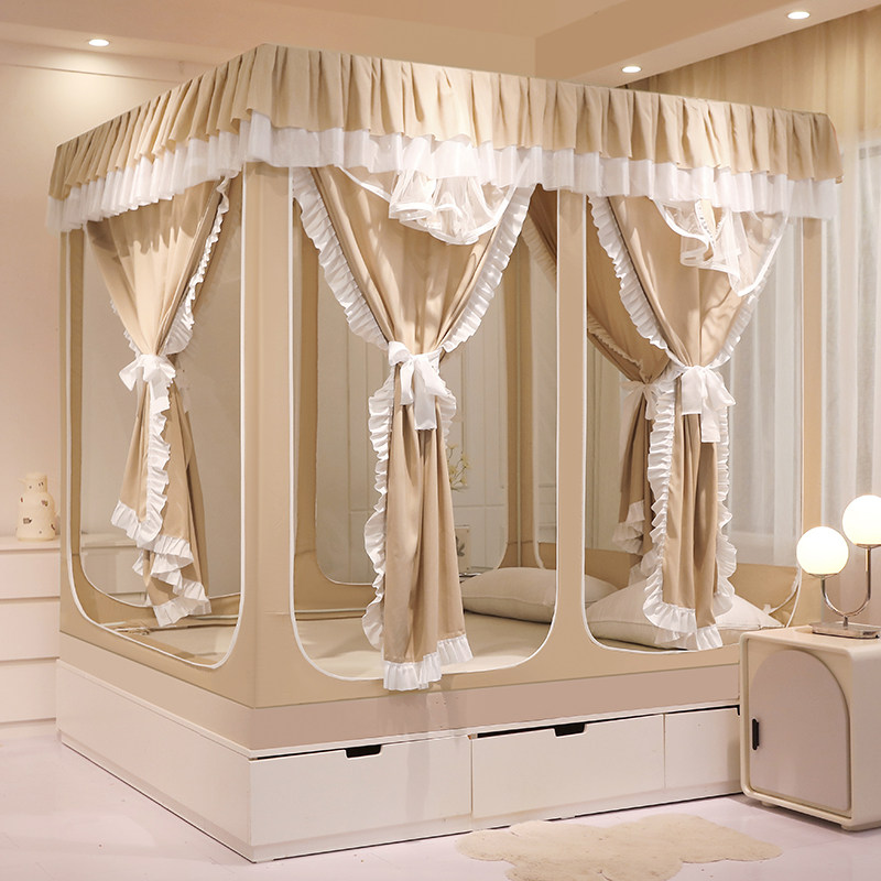 六开门坐床蚊帐三开门遮光宫廷回底方帐家用卧室防蚊加厚烤漆支架 - 图0