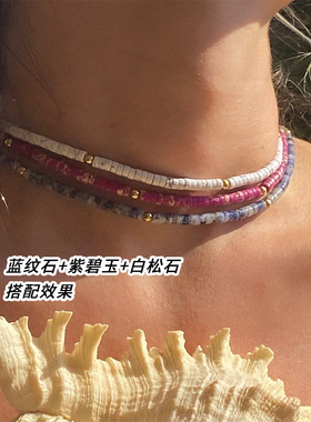 欧美天然绿松石彩色琉璃串珠项链女2023年新款轻奢小众叠带锁骨链