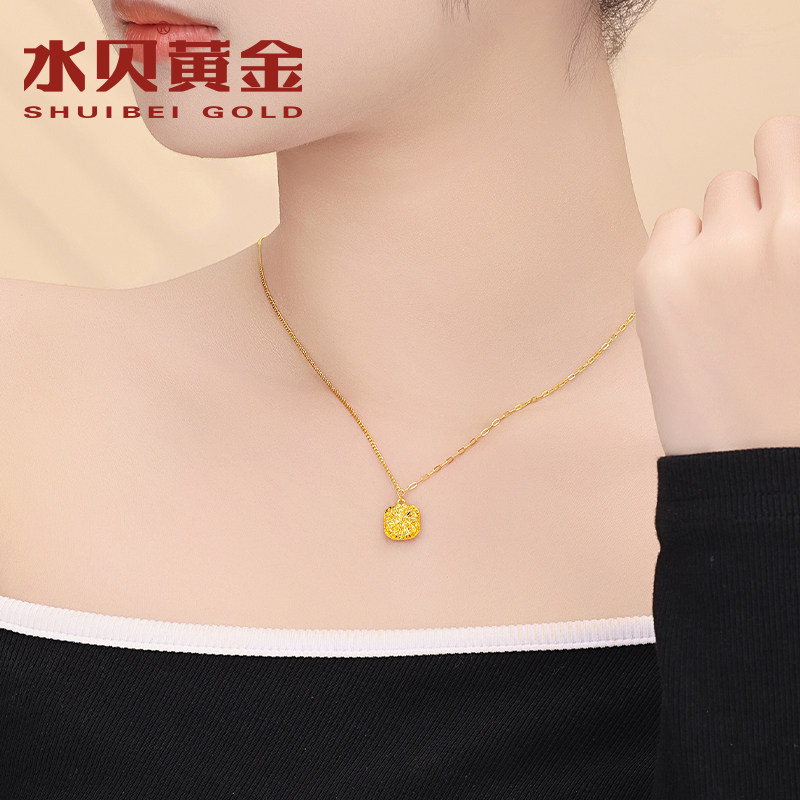 水贝黄金官方旗舰店项链女生足金999蕾丝小方糖套链吊坠礼物 计价 - 图2
