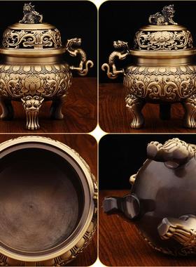 仿古狮子二龙戏珠熏香炉兽耳青香炉办公室地摊文玩摆件纯铜香薰炉