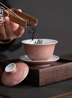 豇豆红陶瓷盖碗茶杯单个家用三才茶碗带盖不烫手抓功夫茶具泡茶器