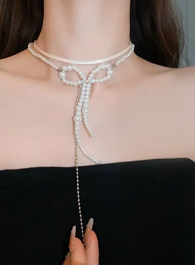 珍珠结流苏双层项链法式小众设计感锁骨链时尚百搭饰品女