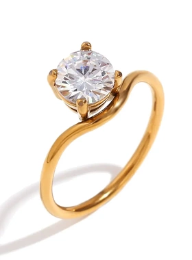 欧美ins时尚轻奢波形戒圈金色锆石戒指不锈钢镀18k简约百搭指环