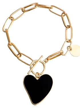 欧美饰品 异形几何爱心黑色白色贝母吊坠手饰女 简约金属手链