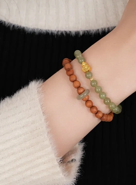 天然檀木和田玉串葫芦串珠手链双层叠戴高级感手串新中式手饰