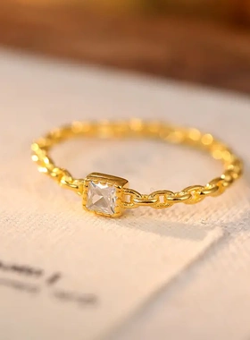 s925银链条方钻戒指女小众ins风精致开口食指指戒细款百搭