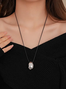 皮绳椭圆形几何可调节项链个性冷淡风毛衣链简约设计感项饰女