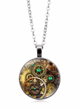 机械表齿轮图案时光宝石吊坠项链女百搭欧美复古毛衣链饰品