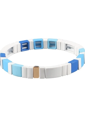 欧美秋冬新款ra搪瓷手链几何不规则哑光蓝白撞色多层弹力手串时尚