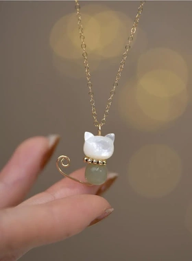 慵懒猫咪天然和田玉小众淡水珍珠项链14k包金项链锁骨链女轻奢感