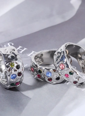 褶皱纹理锆石戒指镶嵌个性指环戒指不规则锆石指环欧美彩色锆石