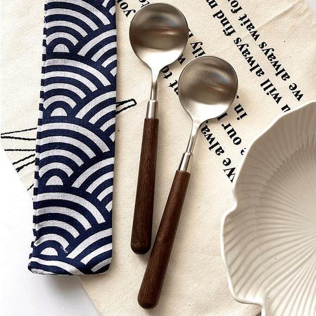 Imitation wood grain walnut color tableware stainless steel soup spoon hot pot spoon soup spoon soup split meal spoon retro home eating spoon