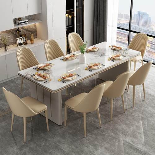 奶油风白岩板餐桌高级轻奢现代简约小户型餐厅餐桌椅组合家用饭桌 - 图1