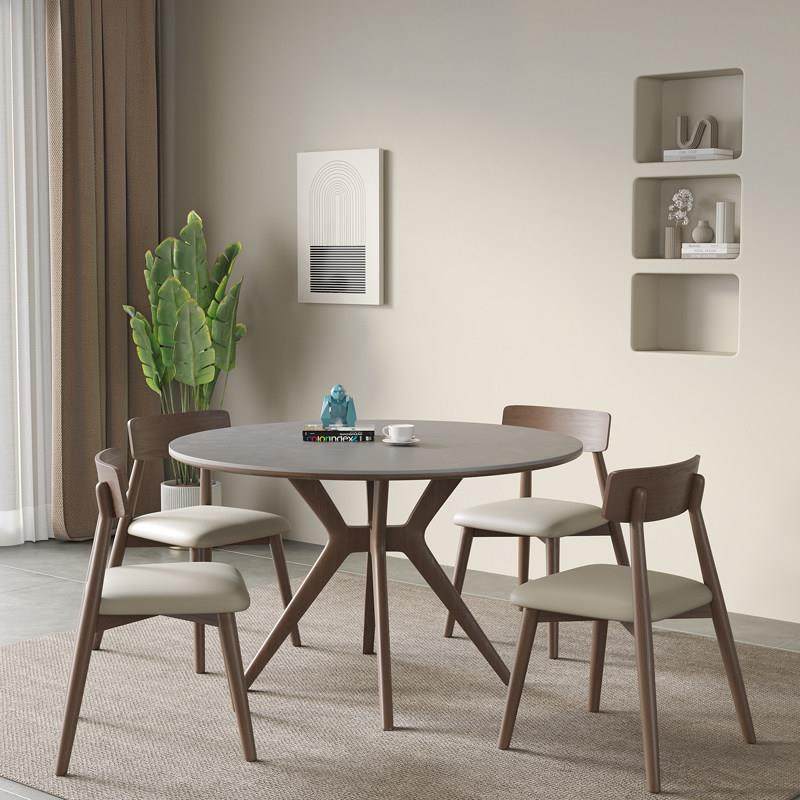 明匠轩家居北欧风胡桃色家用实木岩板圆形餐桌椅组合餐厅吃饭圆桌,淘宝优惠券,粉丝福利购,淘宝优惠卷