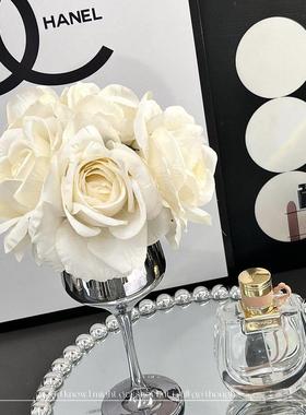 高端轻奢玫瑰花束摆件高脚杯客厅餐桌家居桌面装饰品仿真花艺摆设