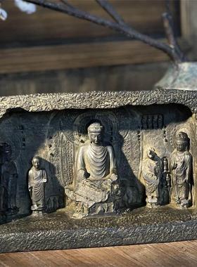 古风卢舍那佛造像龙门石窟雕刻佛龛佛像摆件禅意造景文