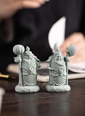 新中式护宅门神哼哈二将青砂石摆件客厅玄关书房鱼缸造景家居装饰