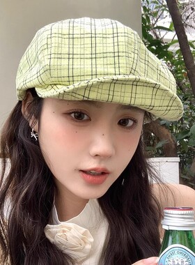复古格子云朵贝雷帽女2025年春新