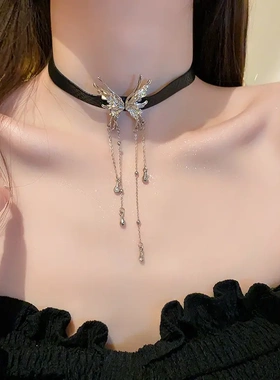 黑色皮绳金属流苏项链时尚个性气质颈链小众暗黑风项饰女