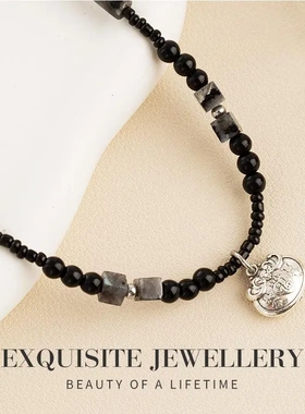 花开富贵新中式平安锁吊坠项链女复古黑色天然石串珠锁骨链颈链