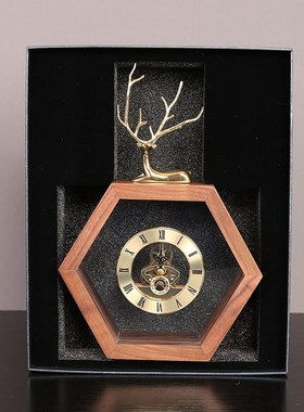 新中式创意胡桃木铜鹿座钟静音时钟台钟摆件客厅玄关卧室装饰钟表