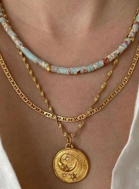 天然绿松石头彩色琉璃串珠项链女叠戴复古锁骨链颈链虎眼石青金石