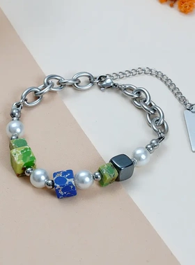 2022年欧美情侣金属串珠嘻哈帝皇石不锈钢双层手链项链黑胆石时尚