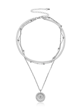 欧美饰品 时尚百搭圆形吊牌项链女 个性简约多层圆珠链条项饰