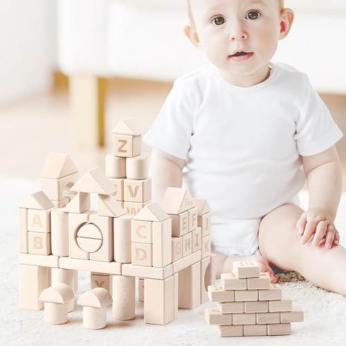 榉木盒装大颗粒原木实木积木木头1-3-6周岁儿童拼装玩具 - 图0