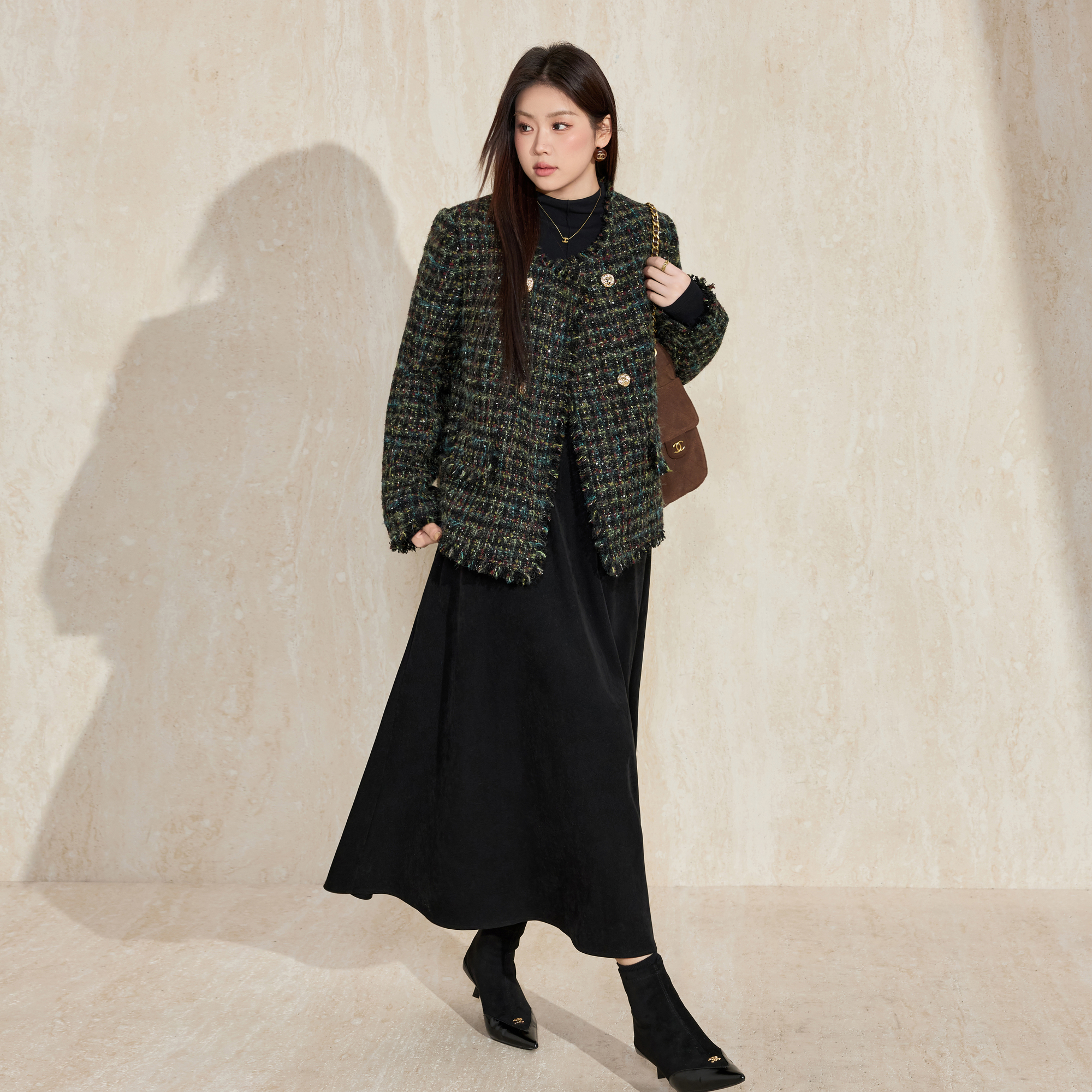 【10.30冬新品限时返12%】蓝语气质粗花呢羊毛混纺小香羽绒服外套 - 图1