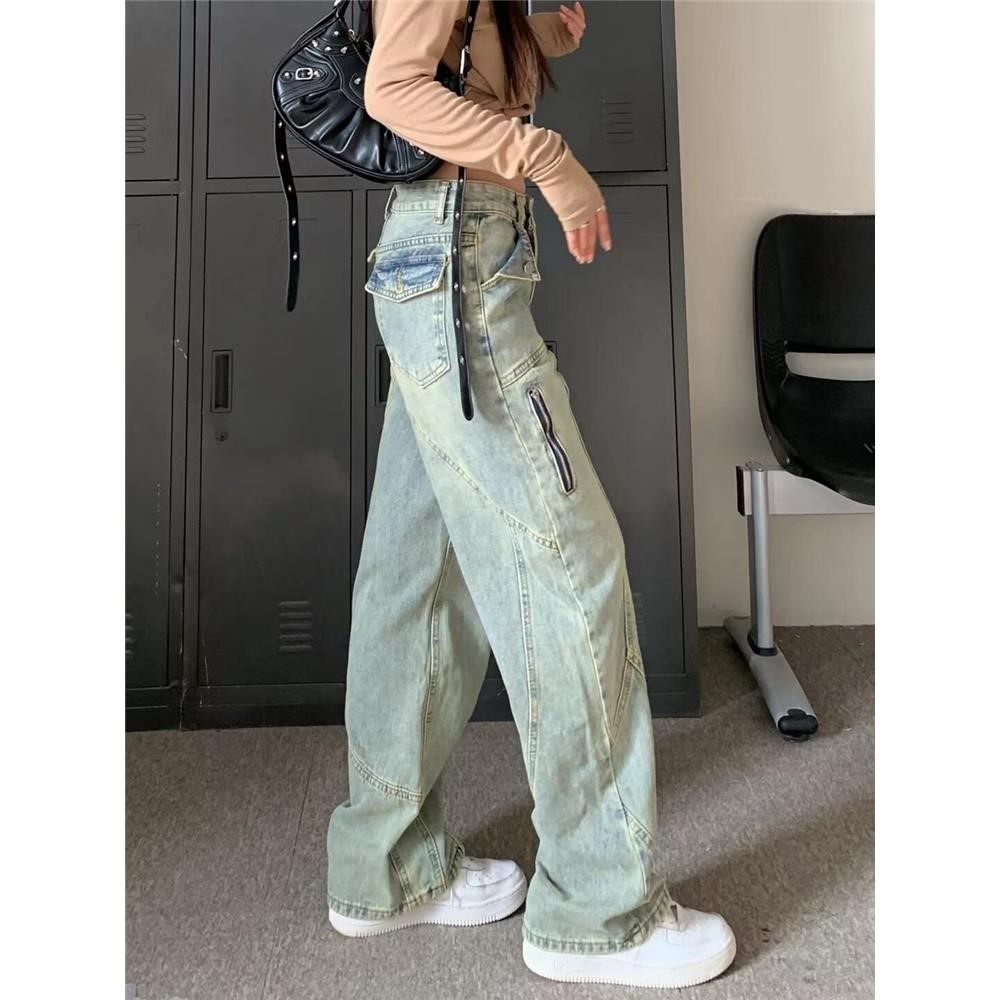 美式高街复古水洗宽松直筒工装牛仔裤大码女装高腰阔腿长裤显瘦潮,淘宝优惠券,粉丝福利购,淘宝优惠卷