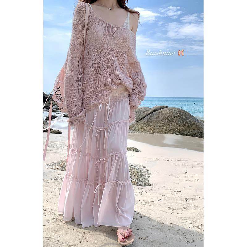 白水女 香香蝴蝶衫 杏色露肩针织衫女春季宽松软糯纯欲长袖上衣,淘宝优惠券,粉丝福利购,淘宝优惠卷