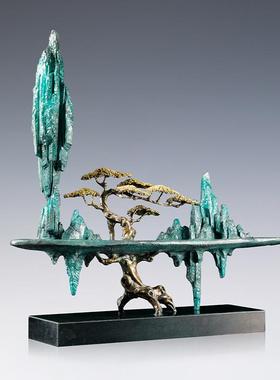 铜金岁月高山流水假山松树铜工艺品摆件山水树木家居客厅玄关装饰