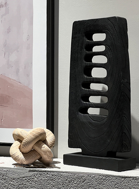 中古侘寂艺术实木雕塑样板间样品屋展示中心民宿酒店玄关书柜装饰