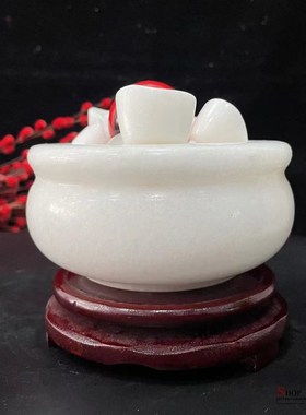 天然白玉聚宝盆摆件新中式装饰品办公桌面客厅玄关酒柜书桌工艺品