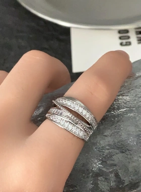 锆石宽面交叉开口戒指个性轻奢高级感食指戒精致新款百搭手饰