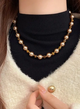 真金电镀圆形珍珠虎眼石款项链潮流高级感锁骨链复古美拉德项饰女