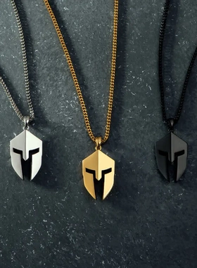 不锈钢欧美经典极简斯巴达勇士面具面罩吊坠项链男士项链