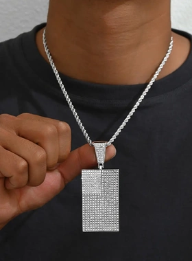 热卖美式嘻哈分男款项链个性方形吊坠镶钻设计古巴链网红项饰
