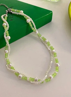 小清新绿色铃兰花朵珍珠项链韩国时尚甜美锁骨链网红项饰