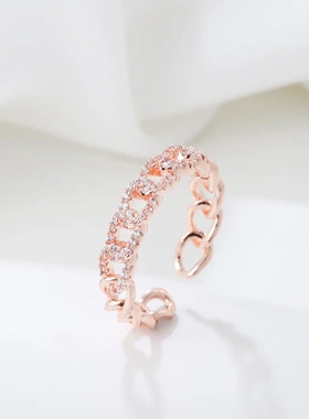 小众设计几何日百搭戒指女缠绕交叉镶锆石指环开口调节食指戒