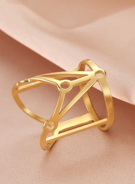 热销男女个性简约网红ins风几何切割不锈钢镂空四珠连线戒指