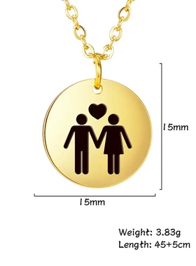 时尚百搭情侣款境外畅销实心圆牌男生女生牵手爱心图案不锈钢项链