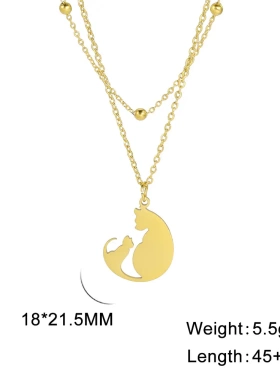 热销韩版甜美不锈钢女款项链可爱大小猫咪吊坠双层链